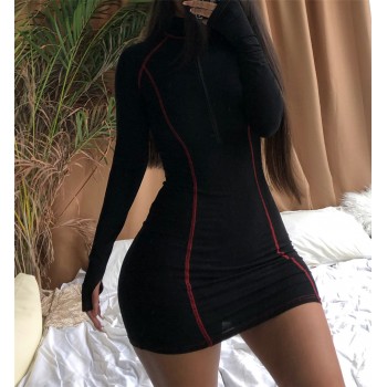 KGFIGU Long sleeve bodycon dress for Women With Zipper Casual cotton Mini Vestidos Womens Clothing Out-going Dresses